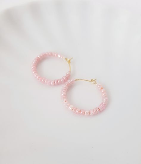 Light Pink Jewelry, Light Pink Earrings, Pearl Hoop Earrings, Pink Earrings, Pearl Color, Pink Glass, Senior Photos, Pink Aesthetic, One Color