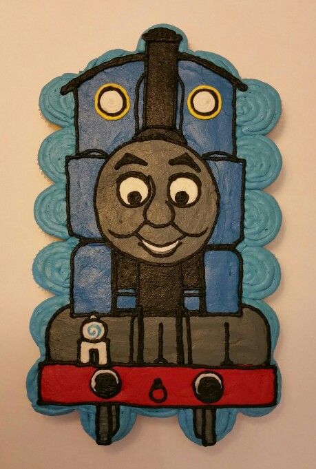 Thomas the Train cupcake cake. Thomas The Train Cupcake Cake, Train Cupcake Cake, Thomas Cupcakes, Thomas Birthday Cakes, Cupcake Displays, Train Cupcakes, Pineapple Fluff, Thomas Birthday Parties, Thomas The Train Birthday Party