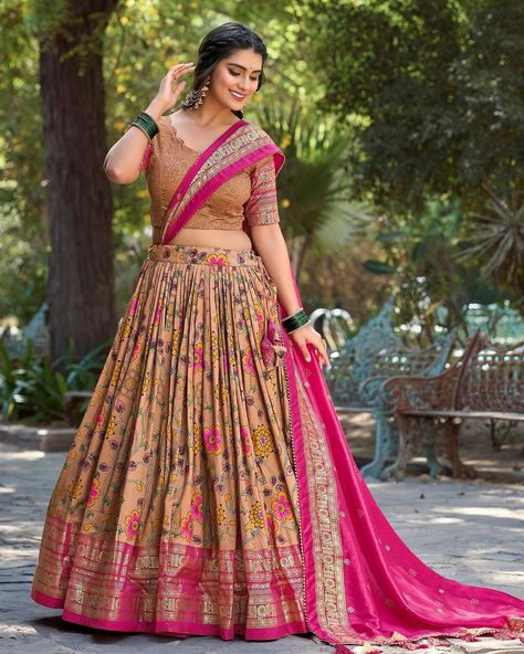 Behold the sweet embrace of spring with our pink color Kalamkari Tussar silk lehenga with printed Dupatta with tassels which add a touch of whimsy to your wardrobe✨💖. SHOP NOW 🛍️ gotifab.com [wedding lehengas, crop top lengha choli, silk lehenga choli, chaniya choli, Indian lehengas for women, gotifab] #croptoplehengacholi #chaniyacholis #silklehengacholi #indianlehengas #weddinglehengasforbride #gotifab Silk Lehenga Designs, Lehenga Half Saree, Umbrella Lehenga, Kalamkari Art, Kalamkari Print, Silk Lehenga Choli, Lengha Choli, Half Saree Designs, Lehenga Blouse