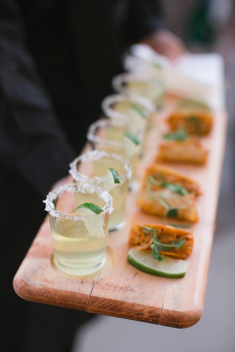 Serve traditional Cinco De Mayo-inspired appetizers with mini margaritas and tacos during the cocktail hour. Mini Margaritas, Taco Bar Wedding, Benefit Ideas, Wanderlust Wedding, Wedding Finger Foods, Ivy Wedding, Mexican Inspired Wedding, Mexico Weddings, 37th Birthday