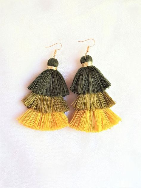 Earrings Layered Tassel Yellow Green Gold tone Stud,Chic Fashion Earring,Beach Earrings,Statement Ea Yellow Tassel Earrings, Thread Tassels, Metal Fish, Beach Earrings, Fan Earrings, Fall Earrings, Statement Earring, Fish Hook Earrings, Skull Earrings