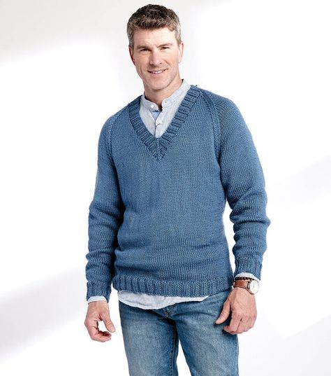 Caron Simply Soft Adult's Knit V-Neck Pullover Mens Knit Sweater Pattern, Men's V Neck Sweaters, Mens Knit Sweater, Viking Sewing, Pullover Pattern, Caron Simply Soft, Knit Men, How To Purl Knit, Sweater Knitting Patterns