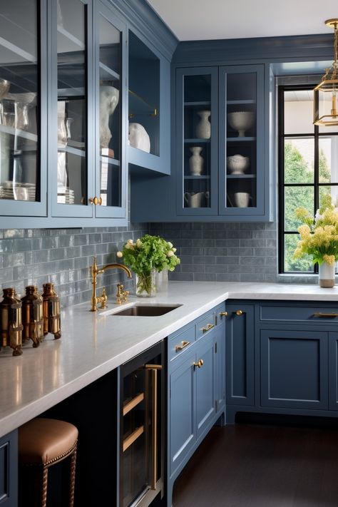 Slate Blue Cabinets Kitchen, Blue Kitchen Cabinets Ideas, Dark Blue Kitchen Cabinets, Modern Classic Kitchen, Classy Kitchen, Simple Living Room Decor, Blue Kitchen Cabinets, Blue Kitchen, Classic Kitchens