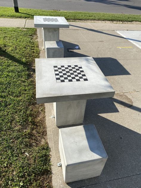 This custom Chess Table is partnered with a pair of our Dice Benches. Just waiting for the Queen's Gambit. Interactive Architecture, Wood Bench Outdoor, Dream Horse Barns, Chess Table, The Queen's Gambit, Areas Verdes, Public Seating, Park Designs, Precast Concrete