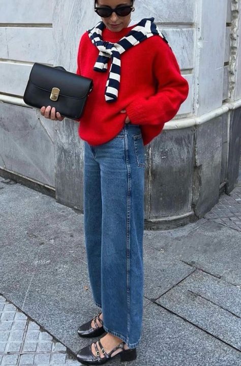 Paris Fall Outfits, Vinter Mode Outfits, Red Sweater Outfit, Ballet Flats Outfit, Skandinavian Fashion, Flats Outfit, Europe Outfits, Populaire Outfits, Paris Outfits