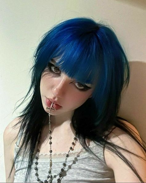 Dyed Fringe Bangs, Purple Racoon Tail Hair, Split Hair Ideas, Black Roots Blue Hair, Blue Hair Dark Roots, Colored Roots With Black Hair, Dyed Roots, Alternative Hairstyles, Short Blue Hair