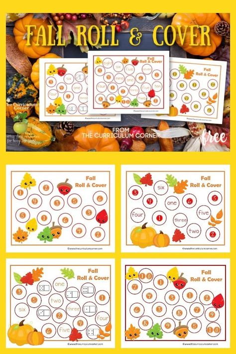 This free fall roll and cover set will help your students practice recognizing the numbers one through ten in various formats. Fall Roll And Cover, Roll And Cover, Free Math Resources, Fall Preschool Activities, Fall Math, Fall Games, Graphing Activities, Fall Preschool, Free Preschool