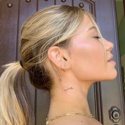 Neck Tattoo Women Small, Single Needle Neck Tattoo, Tiny Angel Number Tattoo, Neck Placement Tattoos, Women Small Neck Tattoo, Small 333 Tattoo, Amor Neck Tattoo, 333 Tatoos, Different Tattoo Placement Ideas