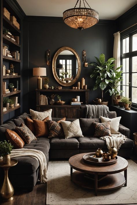 21 Dark Boho Living Room Ideas – The Dear Lab Romantic Interior Design Living Room, Lounge Vibe Living Room, Living Room With Neon Sign, Modern Desert Boho Decor, Cozy Apartment Aesthetic Living Room Dark, Living Room Contrast Wall, Dark Leather Couch Decor, Cozy Goth Living Room, Moody Living Room Vaulted Ceiling