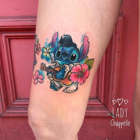 @ladychappelletattoos on Instagram: “Elvis Stitch 💙 Thanks Shannon!” Stitch Elvis Tattoo, Elvis Stitch Tattoo, Elvis Stitch, Elvis Tattoo, Lilo And Stitch Tattoo, Disney Sleeve Tattoos, Collarbone Tattoo, Tattoo Thoughts, Disney Sleeve