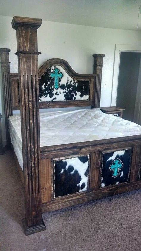 Western furniture crosses cowhide nailheads trim turquoise Western Home Decor Ideas, Cowhide Bedroom, Western Style Bedroom, Home Decor Western, Western Bedrooms, Western Room, Country Bedroom Decor, Rustic Bedroom Furniture, Ranch House Decor