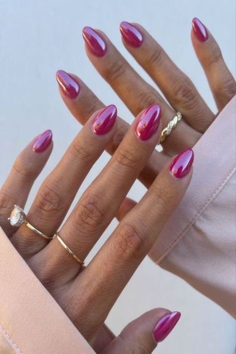 Magenta Chrome Nails, Rose Chrome Nails, Red Chrome Nails, Fake Acrylic Nails, Pink Chrome Nails, Nail Shimmer, Her Nails, Pink Nail, Stick On Nails