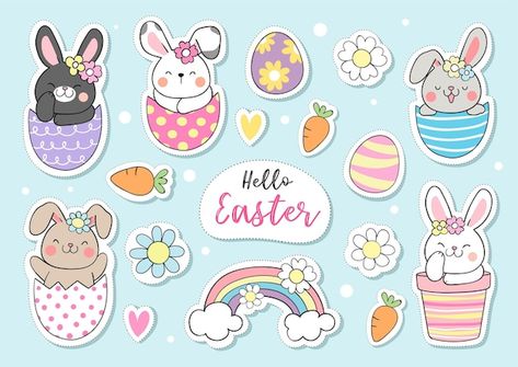 Easter Drawings, Instagram Gif, Story Stickers, Easter Wood Crafts, Rabbit Colors, Easter Illustration, Banner Drawing, Easter Stickers, Kawaii Illustration