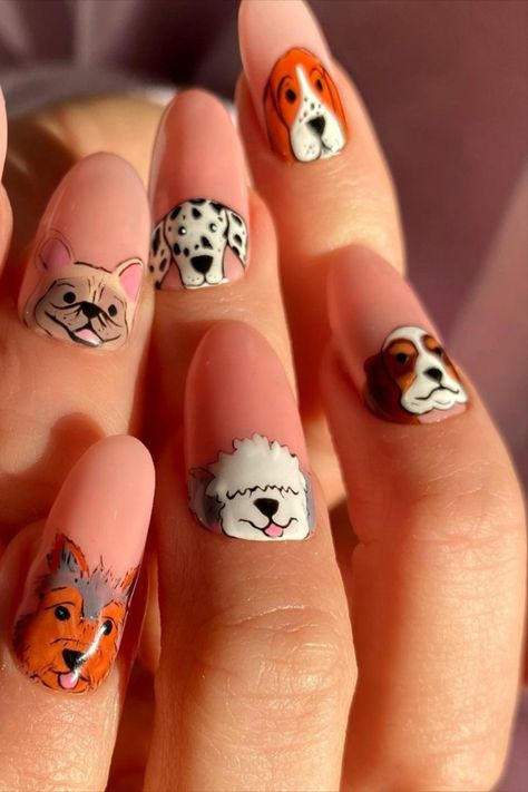 #nailarts #naildesign #handpaintnailart Nails Animals Designs, Hand Drawn Nail Art Design, Dog Design Nails, Puppy Nail Art, Dogs Nails Art, French Bulldog Nails, Nail Designs Animals, Dog Acrylic Nails, Nails Dog Design