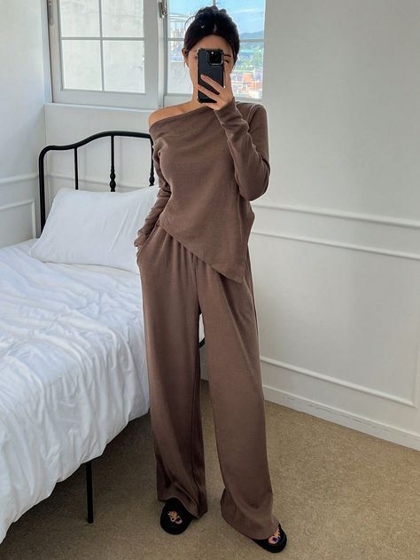 Asymmetrical Open Shoulder Casual Loungewear Set Coffee Brown     Plain  Medium Stretch All Women Sleep & Lounge, size features are:Bust: ,Length: ,Sleeve Length: Cozy Loungewear Sets, Pajamas And Loungewear, Lounge Sets Aesthetic, Comfy Sets Women, Elevated Loungewear Outfits, Autumn Loungewear, Cashmere Loungewear Set, Lounge Wear Aesthetic, Elevated Loungewear