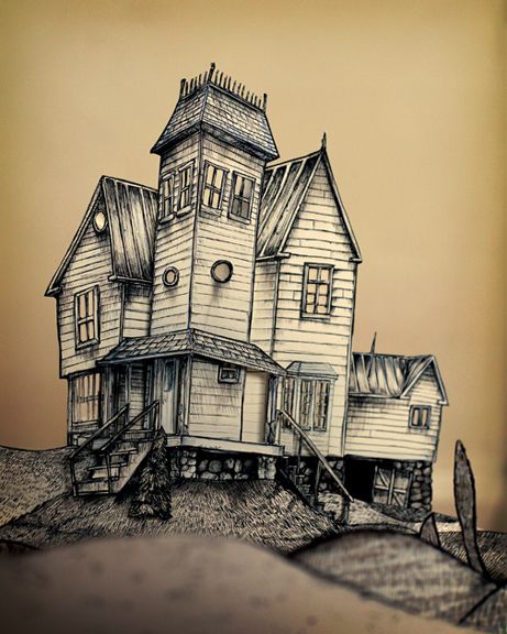 Miranda Mcguire Beetlejuice House Beetlejuice House Tattoo, Wonky Architecture, Beetle Juice Art, Beetlejuice Illustration, Fantasy Folklore, Tim Burton Artwork, Beetlejuice House, Beetlejuice Stuff, Beetlejuice Art