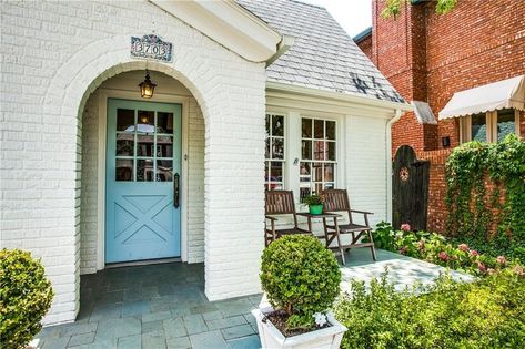 1930s Cottage, Brick Arches, Brick Porch, Wooden Beams Ceiling, Blue Shutters, Brick Arch, Dark Hardwood, Dream Cottage, Wooden Ceilings