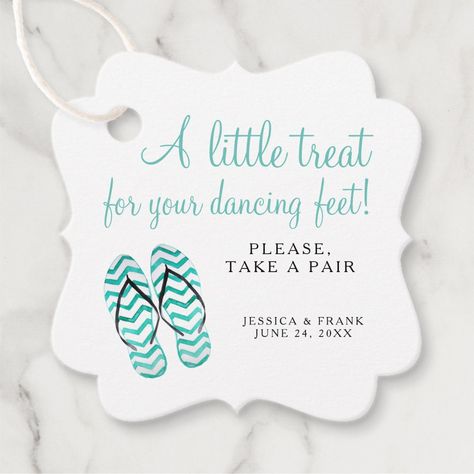 A Treat For Your Dancing Feet Wedding Flip Flops Favor Tags Size: Fancy Square. Color: Standard Matte. Gender: unisex. Age Group: adult. Dancing Feet Wedding, Flip Flop Favors, Beach Wedding Flip Flops, Dancing Shoes Wedding, Wedding Favors Packaging, Wedding Flip Flops, Custom Wedding Stationery, Unique Favors, Beach Wedding Favors