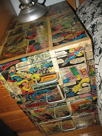 Comic Bedside Table. Going to do this for the boy's bedroom. Doing dressers though instead Unusual Bedside Tables, Decoupage Furniture, Deco Stickers, Boy Bedroom, Boys Bedrooms, Boy's Bedroom, Bedside Tables, Kids' Room, Boy Room