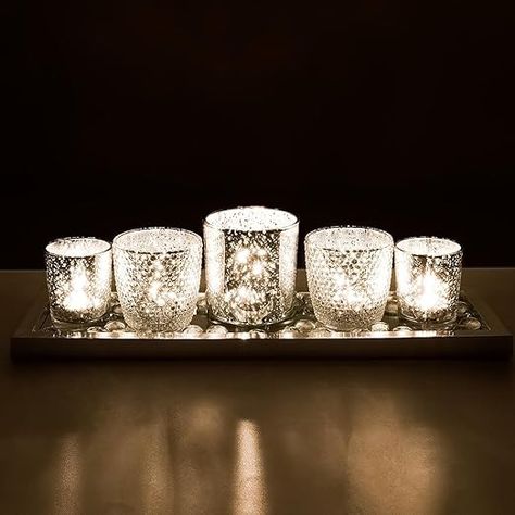 Amazon.com: Toptime Votive Candle Holders, Silver Glass Candle Holder Set of 5 with Tray and 2 Glass Pebble Packs, Mercury Tea Light Candle Holders, Speckled Votive Holders Decor for Wedding Holiday Party : Home & Kitchen Decor For New Year, New Year Wedding, Mercury Glass Candles, Mercury Glass Candle Holders, Mirrored Tray, Decor For Wedding, Glass Tealight Candle Holders, Mercury Glass Votives, Glass Pebbles