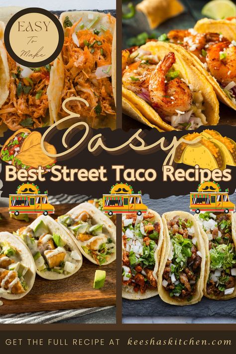 A collage of colorful and flavorful street tacos, featuring various fillings such as grilled meats, fresh vegetables, and vibrant salsas, showcasing the diversity of Mexican street food. Street Taco Recipes, Chili Lime Chicken Tacos, Street Taco Recipe, Taco Meal, Street Taco, Variety Food, Lime Chicken Tacos, Chili Lime Chicken, Shrimp Taco Recipes