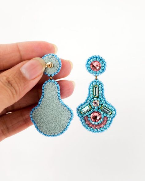 Peach Color Combination, Blue Statement Earrings, Embroidery Earrings, Native Beading, Embroidered Earrings, Beaded Jewelry Earrings, Embroidered Portrait, Beaded Chandelier Earrings, Sparkly Jewelry