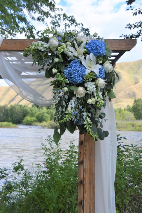 Blue And White Wedding Arbor, Dusty Blue Wedding Arbor Flowers, Blue And White Wedding Arch Flowers, Wedding Arch Blue And White, Wedding Arch Blue Flowers, Blue Flower Arch Wedding, Blue Hydrangea Wedding Arbor, Blue Hydrangea Arch Wedding, Blue And White Floral Arch