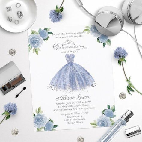 Quinceanera Invitations In Spanish, Budget Quinceanera, Light Blue Gown, Invitations Quinceanera, Elegant Birthday Invitations, Modern Elopement, Gown Floral, Floral Birthday Invitations, Quinceanera Invitation