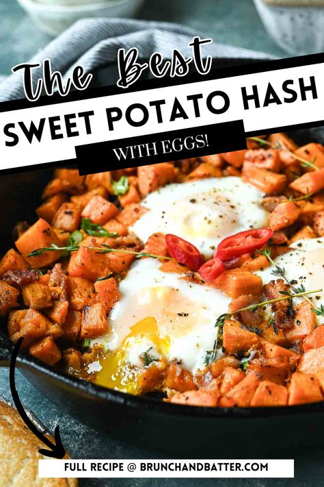 This cast iron skillet  sweet potato and bacon hash is the perfect easy fall breakfast. Sweet potatoes with chipotle, bacon and fresh eggs baked right in. Perfect for Thanksgiving or Christmas morning! Sweet Potato Egg Scramble, Potato Hash Breakfast, Breakfast Sweet Potatoes, Easy Fall Breakfast, Eggs And Sweet Potato, Bacon Recipes For Dinner, Sweet Potato Bacon, Sweet Potato Breakfast Hash, Bacon Dinner