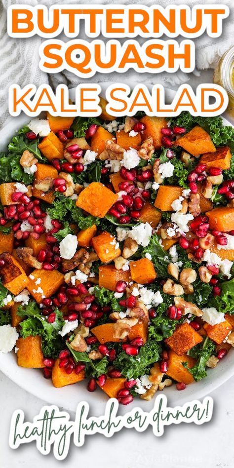 Enjoy the best of fall flavors with this Kale Butternut Squash Salad! 🍁 This easy recipe combines roasted butternut squash, healthy kale, and a tangy Honey-Dijon Dressing for a burst of taste and nutrition. Perfect for autumn gatherings and a delightful side dish. 🥗🍂 #KaleSalad #ButternutSquash #FallRecipes #HealthyEating via @aylarianne Kale Butternut Squash Salad, Squash And Kale Salad, Butternut Squash Salad Recipes, Salad In A Bowl, Kale Butternut Squash, Butternut Squash Kale, Dijon Dressing, Baked Butternut Squash, Butternut Squash Salad