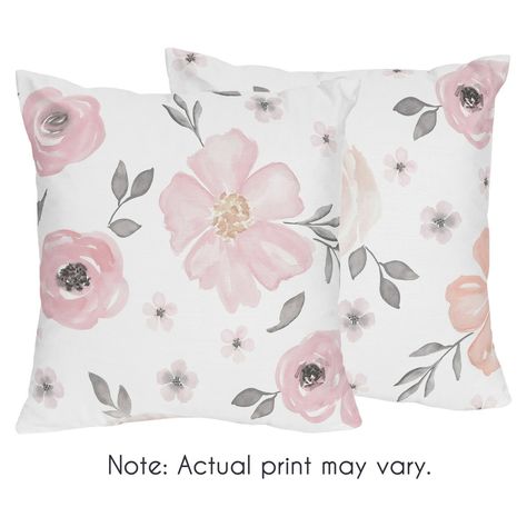 Sweet Jojo Designs Blush Pink, Grey and White Watercolor Floral Collection 18-inch Decorative Throw Pillows (Set of 2) - Walmart.com - Walmart.com Baby Pillow Set, Large Throw Pillows, Machine Wash Pillows, Kids Throw Pillows, Bed Chair, Sweet Jojo Designs, Jojo Designs, Floral Collection, Floral Squares