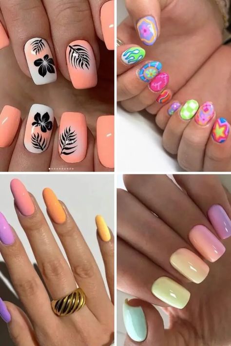 55 summer nail designs you need to try New Nail Art Designs Color Combos, Hawaiian Design Nails, Fingernails Painted Summer, Gel Nail Designs For Birthday, Gel Beach Nail Designs, Summer Nails For The Beach, Fingernail Designs Summer, Almond Shaped Summer Nails, Gel Nail Art Designs Unique