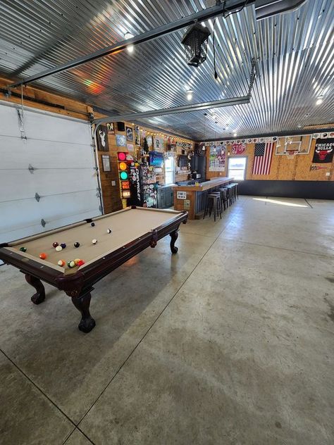 DIY Garage Bars, Man Caves & More | Added a pool table to the ultra mega beer hut | Facebook Garage Pool Table, Barndominium Garage, Shop Bar Ideas, Garage Bars, Hang Out Spot, Diy Garage Bar, Garage Workshop Plans, Man Garage, Workshop Plans