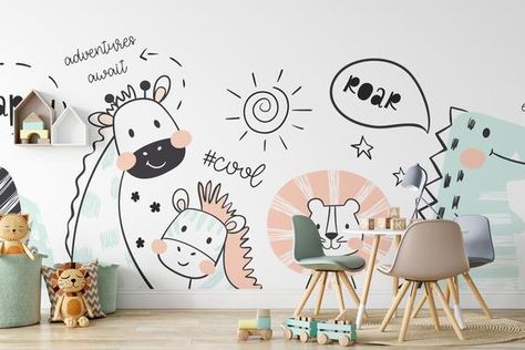 Animal Mural Wallpaper. Kids Wallpaper. Peel and Stick | Etsy Indoor Playroom, Blog Wallpaper, Kids Room Murals, Floor Graphics, Wallpaper Kids, Animal Mural, Modern Kids Room, Wallpaper Peel, Wall Murals Painted