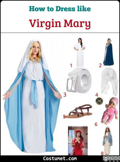 Virgin Mary Costume Diy, Mary Costume Diy, Virgin Mary Halloween Costume, Mother Mary Costume, Mary And Joseph Costumes, White Head Scarf, Virgin Mary Costume, Jesus Costume, Joseph Costume