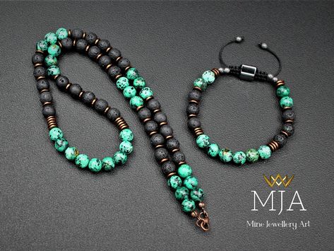 - Necklace The handmade necklace is made of 8 mm natural African Turquoise beads, 8 mm natural Black Onyx & 6 mm Copper Hematite Stone, and a black nylon cord, at the ends I used lobster claw. https://www.etsy.com/listing/1310746872/african-turquoise-bead-choker-necklace?click_key=4e3480268b25016ad86f0af41f8efb8f0be655c5%3A1310746872&click_sum=aab91e3a&ref=shop_home_active_8&pro=1&frs=1&sts=1 - Bracelet - Made of 8 mm natural Lapis lazuli beads, 8 mm natural matte onyx Beads, 6 mm natural copper Collar Hippie, Mens Beaded Necklaces, Turquoise Choker, Turquoise Pendant Necklace, Necklace And Bracelet Set, Bead Choker, Hematite Stone, Beads Bracelet Design, African Turquoise