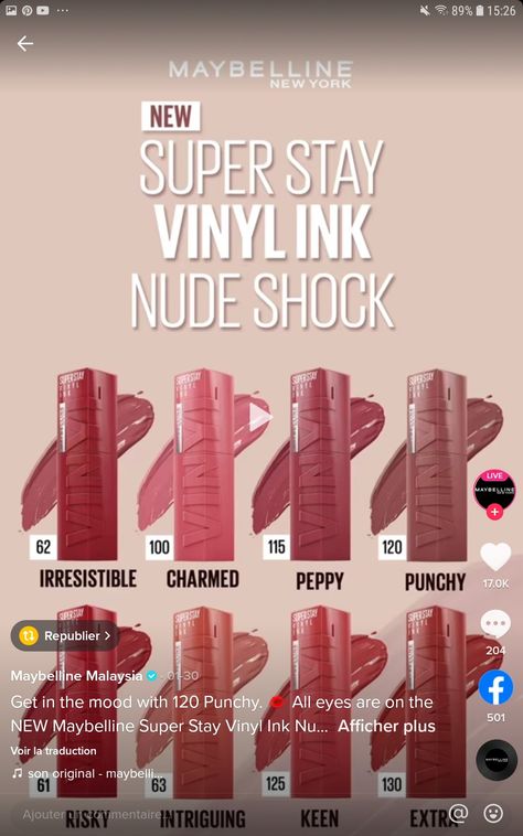 Mabeline Makeup Lipstick, Maybelline Lipstick Shades, Maybelline Vinyl Ink, Makeup Bibir, Maybelline Lip, Soft Eye Makeup, Maybelline Lipstick, Makeup Over 40, Lipstick Shade