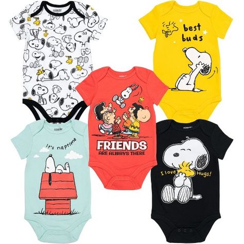 PEANUTS Snoopy Charlie Brown Newborn Baby Boys 5 Pack Bodysuits Multi 0-3 Months Charlie Brown Baby, Snoopy Baby Shower, Snoopy Baby, Baby Snoopy, Newborn Baby Boys, One Piece Clothing, Indoor Play, Soft Clothes, Easy Dressing