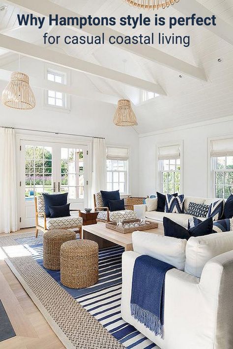 Why Hamptons style is perfect for ... Beach Decor Living Room, Scandinavian Design Living Room, Styl Hampton, Coastal Decorating Living Room, Beach Living Room, Beach House Interior Design, Coastal Living Rooms, Beach House Interior, Inspire Me Home Decor