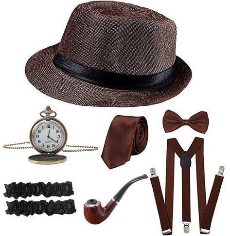 PRICES MAY VARY. 【You will Receive】 -- 1 x 1920s Manhattan fedora hat, 1 x plastic cigar, 1 x gangster armbands, 1 x vintage pocket watch, 1 x suspenders Y-back trouser braces, 1 x pre tied bow tie, 1 x gangster tie 【1920s Accessories for Men】 -- Perfect for Great Gatsby themed party. The toy pocket watch looks like real because it have some weight and had a little clasp to open it like a real pocket watch. The toy cigar is kind of fun as well to get that roaring 20s feel 【Great Gatsby Accessori Gatsby Party Outfit For Men, 1920s Mens Costume, Great Gatsby Accessories, Gatsby Party Outfit, Gangster Costume, Bugsy Malone, Prohibition Party, Gangster Costumes, Gatsby Accessories