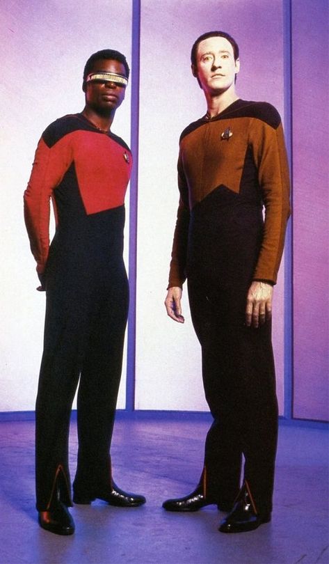 Geordie and Data, The Next Generation. Mannequin Legs, Star Trek Gifts, Star Trek Data, Star Trek Uniforms, Star Trek Generations, Star Trek Show, Star Trek Funny, Star Trek Tv, Star Trek Images