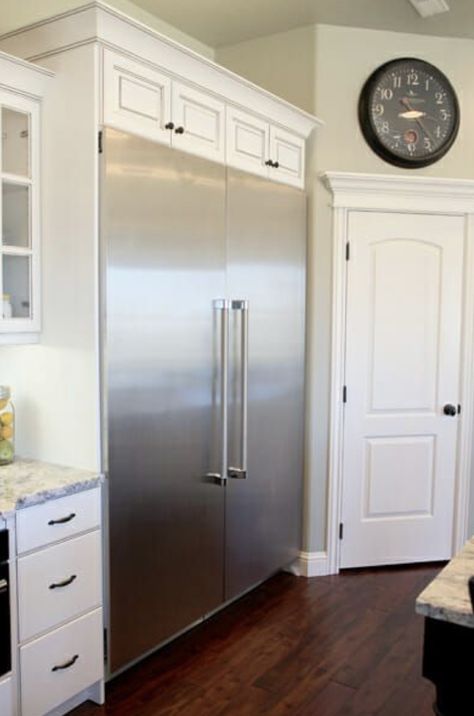 Thermador side by side refrigerator and freezer columns Our Best Bites, Large Refrigerator, Large Fridge, Kitchen Tour, Corner Pantry, Outdoor Kitchen Appliances, White Appliances, Kitchen Corner, Building A New Home