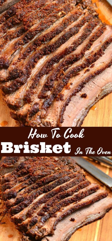 Beef Brisket Cooked In The Oven. Juicy beef brisket is rubbed with an amazing dry rub and baked in the oven until tender. #beef #brisket #dinner Beef Brisket Oven, Brisket Dinner, Oven Baked Brisket, Oven Brisket Recipes, Brisket In The Oven, Best Brisket Recipe, Baked Brisket, Brisket Recipes Smoked, How To Cook Brisket