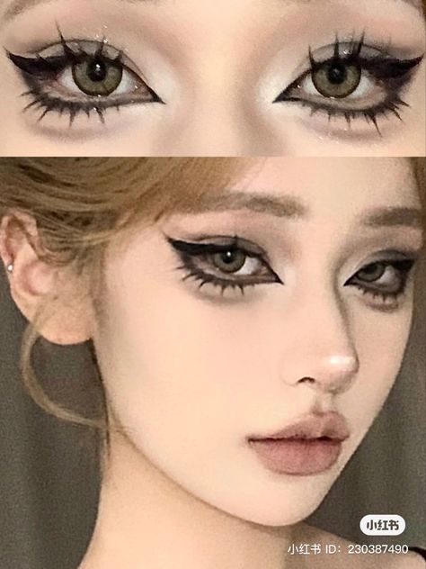 Asian Alt Makeup, Cool Black Eyeliner Looks, Grunge Douyin Makeup, Manhua Makeup, Asian Goth Makeup, Doujin Makeup Trend, Eye Makeup Cute, Trippy Optical Illusions, Doll Makeup Look