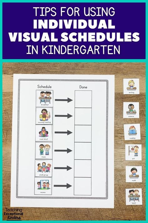 Individual visual schedules are a wonderful tool for supporting behavior in kindergarten, but they can be daunting to prep and implement! In this post, I'm sharing tips for using individual visual schedules in kindergarten. You'll also find several picture schedule examples that are great for kindergarten classroom management! Classroom Chants, Kindergarten Schedule, Picture Schedule, Small Group Math, Kindergarten Classroom Management, Classroom Schedule, Visual Schedules, Visual Schedule, Stay On Track