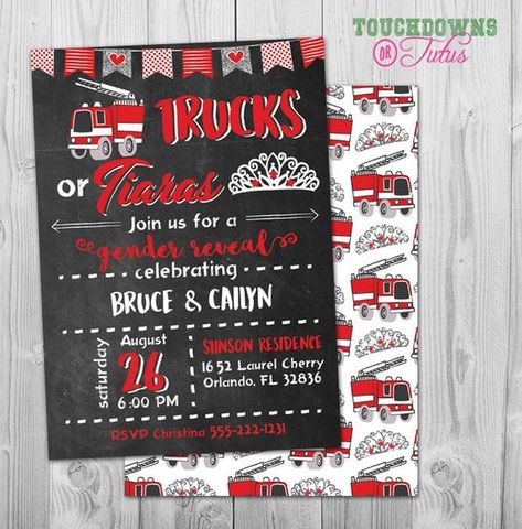 Fireman Gender Reveal Ideas, Fire Truck Gender Reveal Ideas, Fire Department Gender Reveal Ideas, Firefighter Gender Reveal Ideas, Trucks Or Tiaras Gender Reveal, Firefighter Pregnancy Announcement, Auntie Ideas, Printable Gender Reveal, Pregnancy Ideas