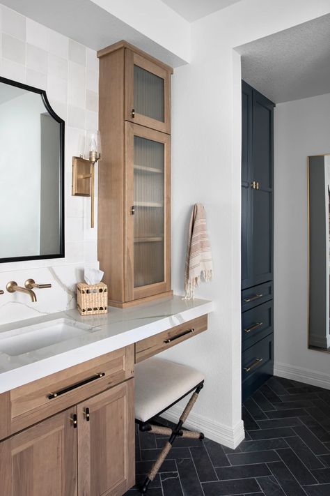 Master Bath Vanity With Tower, Bathroom Vanity Upper Cabinet, Master Vanity With Tower, Bathroom Upper Cabinets, Single Sink Vanity With Storage Tower, Separate Vanity Master Bath, Master Bath Corner Vanity, Split Vanity Master Bath, Bathroom Vanity With Storage Tower