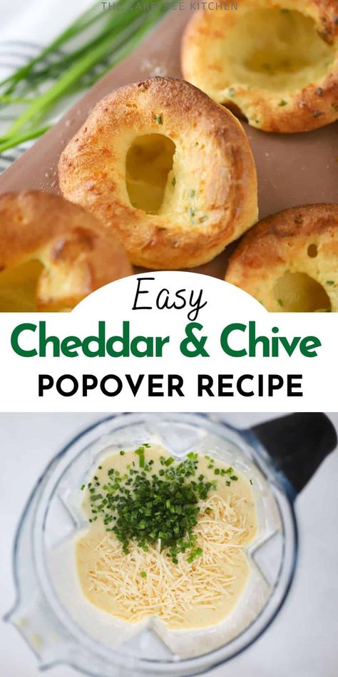 These Cheddar Chive Popovers are crispy on the outside, light and airy in the center and full of savory goodness. This recipe for popovers takes no time to make and is perfect for serving at breakfast, brunch or dinner. #thecarefreekitchen #popovers #british #bread #rolls #breakfast #side #batter #chives #cheddar Popovers Recipes, British Bread, Cheese Popovers, Popovers Recipe, Easy Popovers, Chives Recipe, Popover Recipe, Outside Light, Crescent Roll Recipes