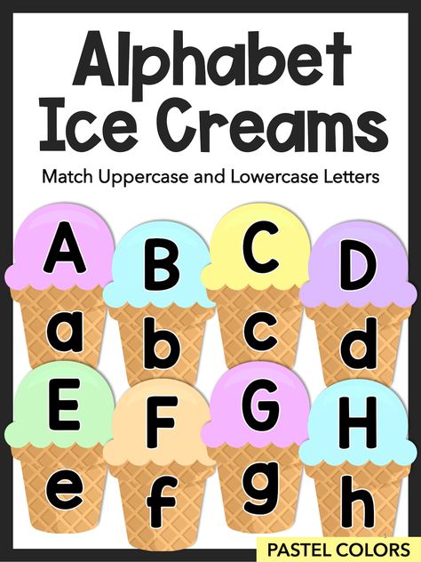 These printable Alphabet Ice Creams are perfect for kindergarten, preschool and beginner ESL students. They are a fun hands-on activity that will help your kiddos master the uppercase and lowercase letters of the alphabet. They also look great as part of a wall display. Ice Cream Writing, Ice Cream Letters, Alphabet Games For Kindergarten, Esl Vocabulary Activities, Matching Uppercase And Lowercase Letters, Writing Alphabet, Nanny Ideas, Reward System For Kids, Letter Matching Activities