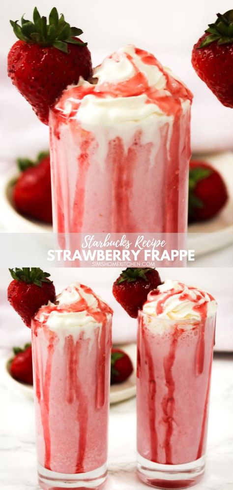 Strawberry Frappe Strawberry Frappe Recipe, Strawberry Frappuccino Recipe, Strawberry Frappuccino, Strawberry Frappe, Frappuccino Starbucks, Milkshake Recipe Easy, Blender Drinks, Frappe Recipe, Smoothie Maker